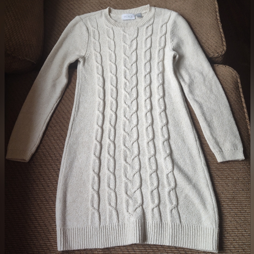 Place, Cream Cable Girl Kid's Knit Sweater Dress, Size: 10-12